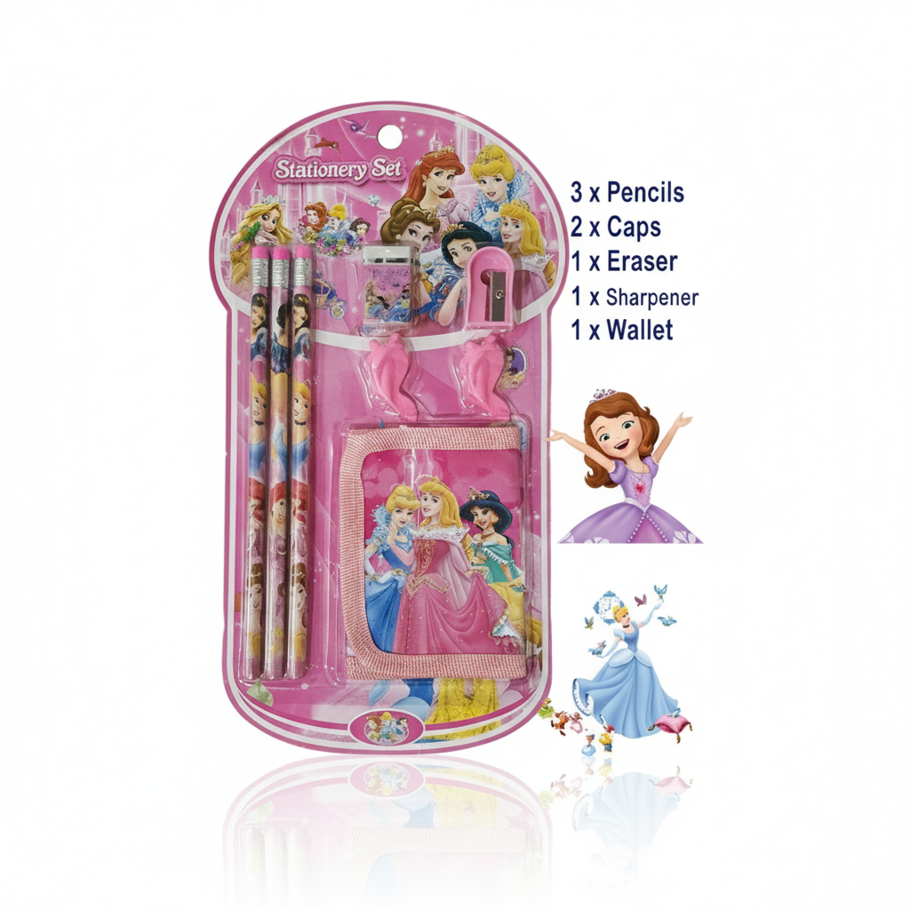 8 Pcs Disney Stationery Gift Set for Kids – Includes Pencils, Eraser, Sharpener, Pencil Caps & Wallet (Random Character)
