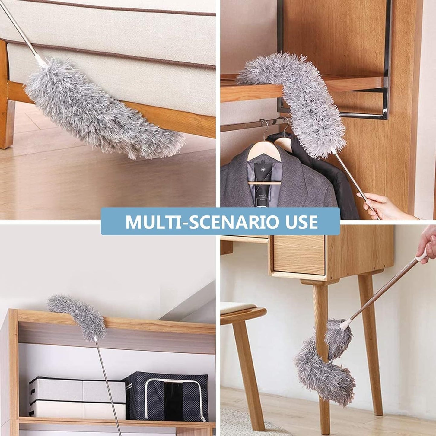 Microfiber Duster with Extension Pole Stainless Steel 30 to 100 with Bendable Head Extendable Long Fan Duster for Cleaning Ceiling Fan High Ceiling Keyboard Furniture Cars Gray