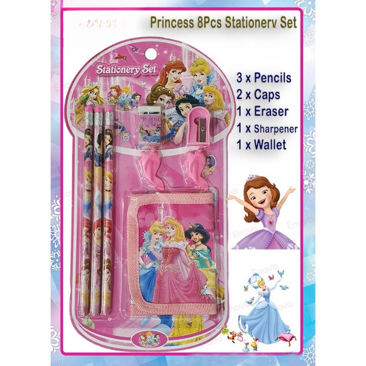 8 Pcs Disney Stationery Gift Set for Kids – Includes Pencils, Eraser, Sharpener, Pencil Caps & Wallet (Random Character)