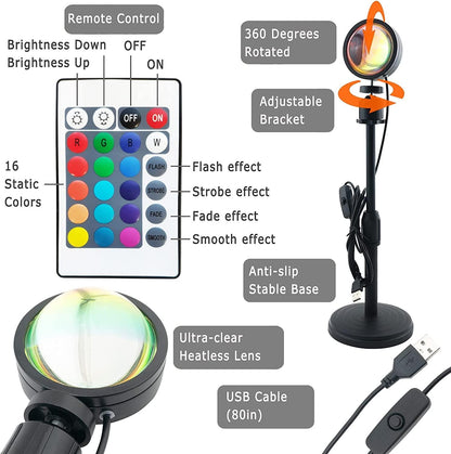 Sunset Lamp (WITH REMOTE) 16 Colors LED Changing 3-in-1 Sunset Light lamp with Multiple Modes, Adjustable Brightness with Remote Control, Sunset Projection lamp Ideal for Kids & Adults