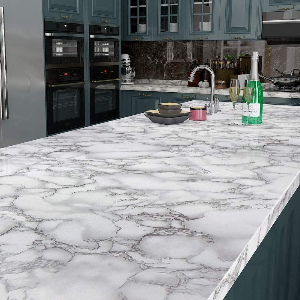 Self Adhesive White Marble Sheet For Kitchen – Waterproof, Heat And Oil Resistant Wallpap er For Countertops, Cabinets, And Furniture(60x200)