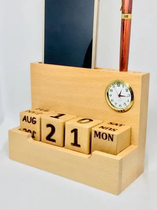 Wooden Pen Stand With Clock Calendar