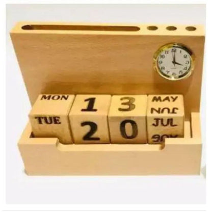 Wooden Pen Stand With Clock Calendar