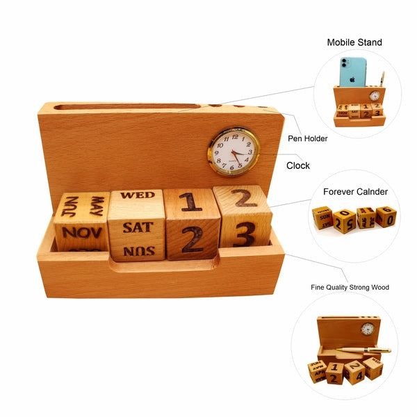 Wooden Pen Stand With Clock Calendar