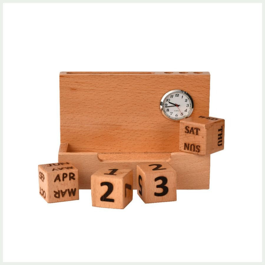 Wooden Pen Stand With Clock Calendar