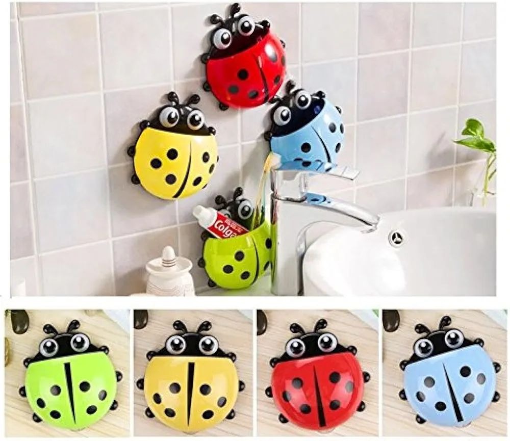 Creative Cute Cartoon Ladybug Kids Wall Suction Cup Mount Toothbrush Toothpaste Holder