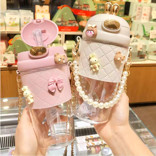 Cute Rabbit Ear Plastic Water Bottles With Straw