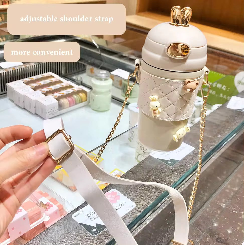 Cute Rabbit Ear Plastic Water Bottles With Straw